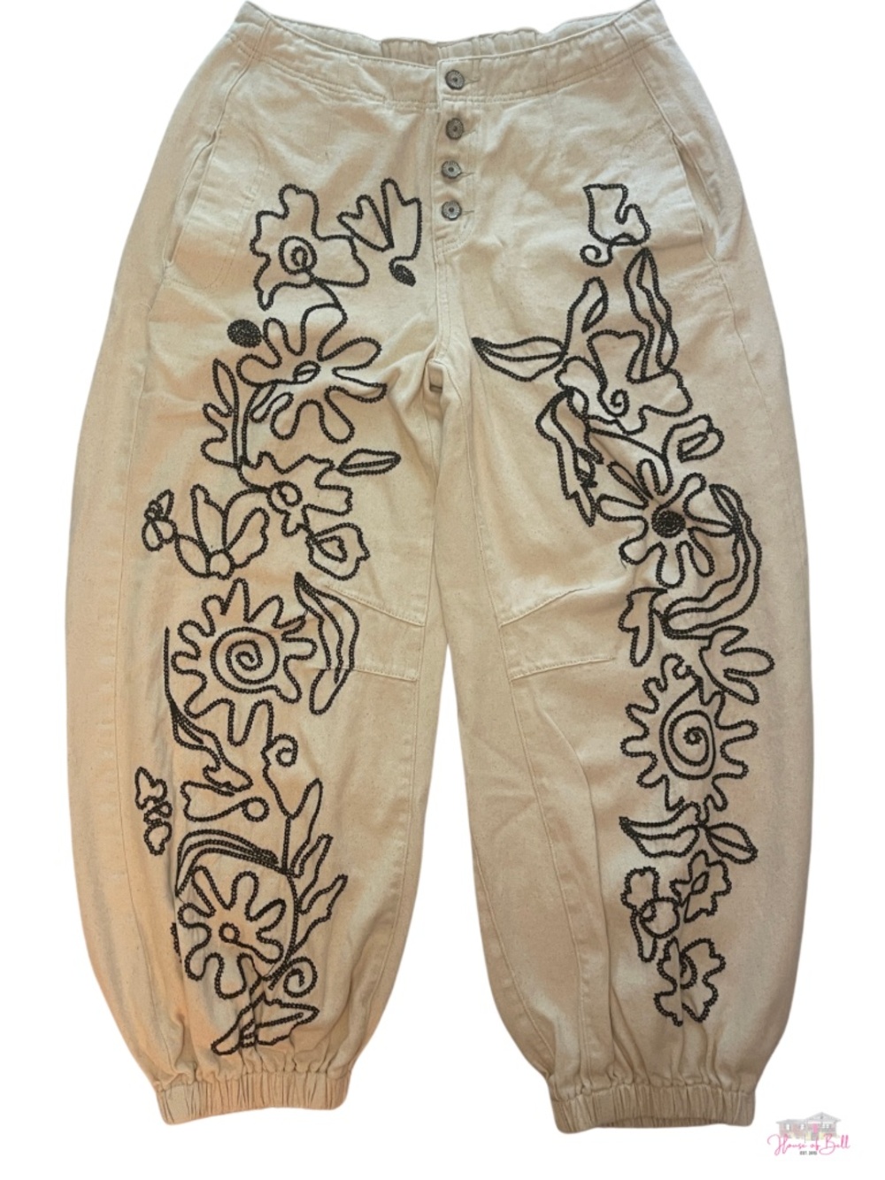 POL Floral Embroidered Balloon Pants Oatmeal Cream Joggers L - Picture 2 of 6